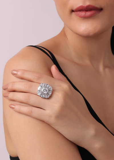 92.5 Sterling Silver Geometric Ring with Faux Diamonds