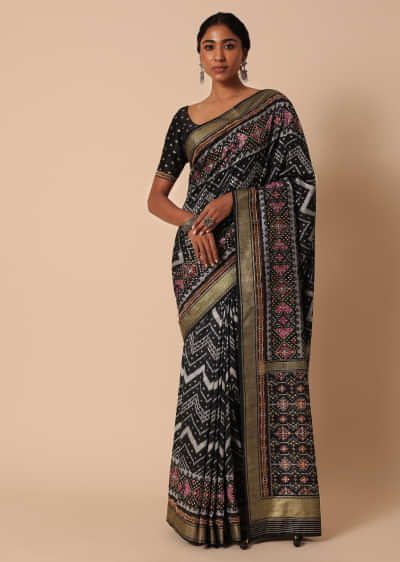  Black Silk Saree With Foil And Patola Print And Unstitched Blouse Piece