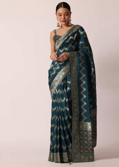 Blue Banarasi Silk Saree With Meenakari Work And Unstitched Blouse Piece