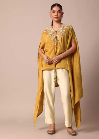 Mustard Yellow Crop Top With Embroidered Jacket And Pants Set