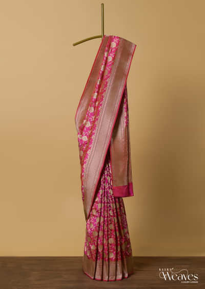  Pink Handloom Katan Silk Saree With Floral Jaal Weave And Unstitched Blouse Piece