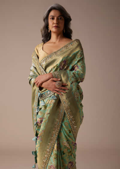 Agate Green Banarasi Saree In Silk Georgette With Weaved Floral Jaal All Over