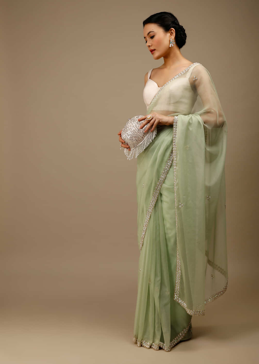 Aloe Wish Green Saree In Organza With Moti Beads And Stone Embroidered Round Motifs On The Border And Butti Design  