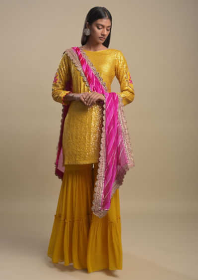 Amber Yellow Sharara Suit In Cotton Silk With Flower Shaped Sequins And Lehariya Dupatta  