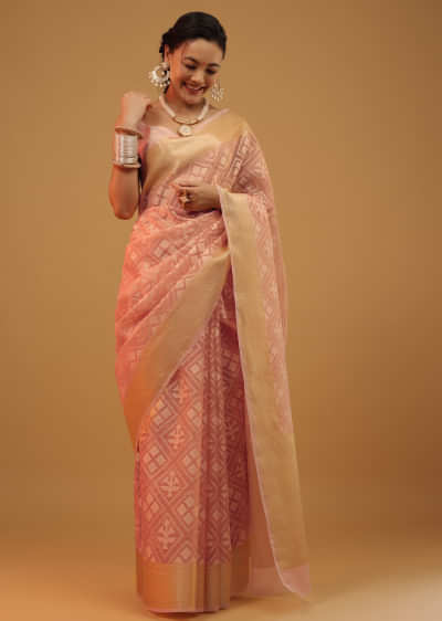 Amber Peach Saree In Pure Handloom Cotton With Banarasi Chanderi Weave