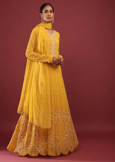 Amber Yellow Anarkali Suit In Georgette With multicolored Sequin Embroidered Floral Design