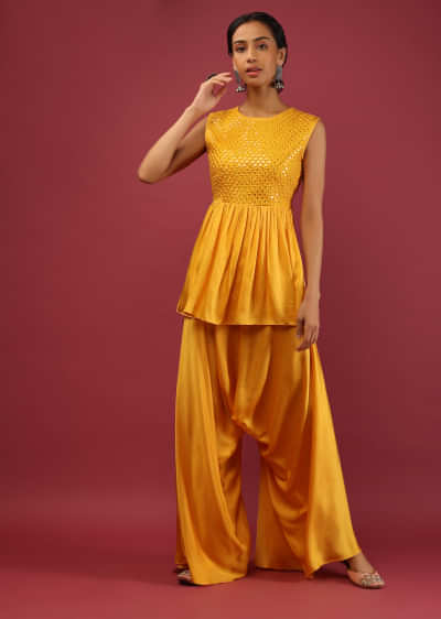 Amber Yellow Peplum Kurta And Cowl Dhoti Suit Set With Mirror Abla Embroidery  