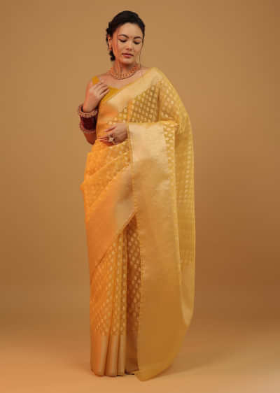 Amber Yellow Saree In Cotton & Banarasi Chanderi Butti Woven Pattern