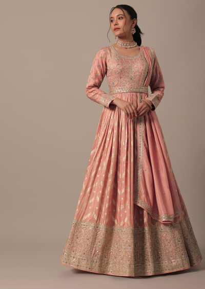 Peach Silk Sequin Embellished Anarkali Set With Belt