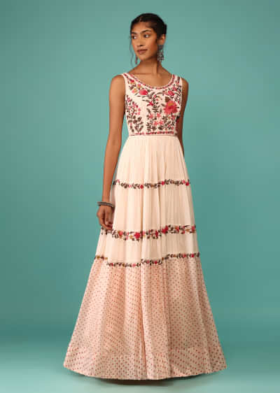Angel Wing Pink Flowy Dress In Chiffon With Floral Kashmiri Thread Work And Embroidery