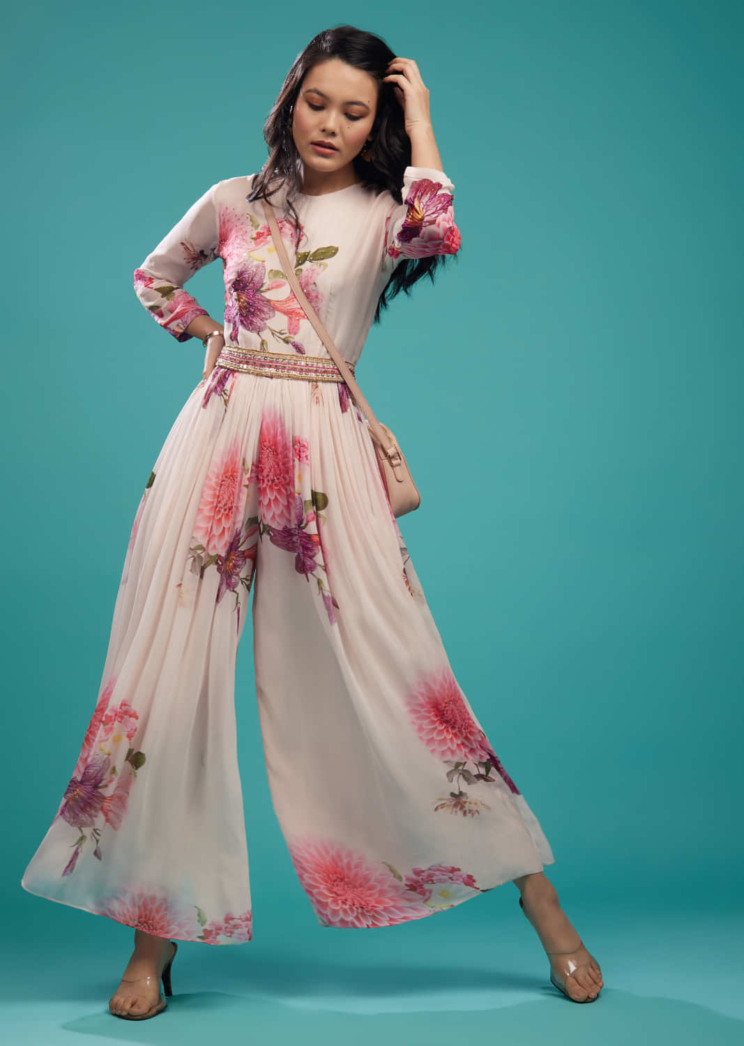 Candy Pink Pleated Jumpsuit In Floral Print And Hand Embroidered Waist Belt