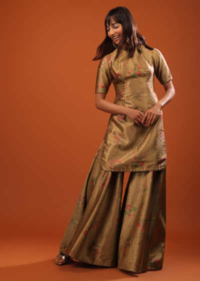 Golden Sharara Suit With Woven Floral Motifs