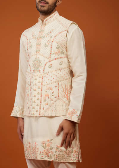 Ivory White Embroidered Bandi Jacket Set In Cotton Silk