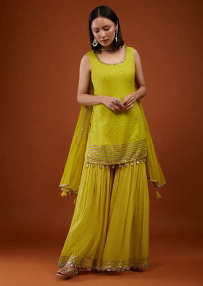 Lime Green Sharara Suit In Georgette With Embroidery