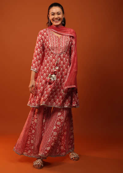 Apple Red Sharara Suit With Floral Print And Sequins