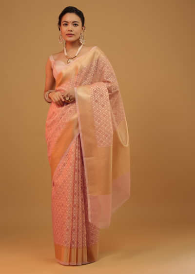 Apricot Blush Peach Saree In Pure Handloom Cotton With Banarasi Chanderi Weave