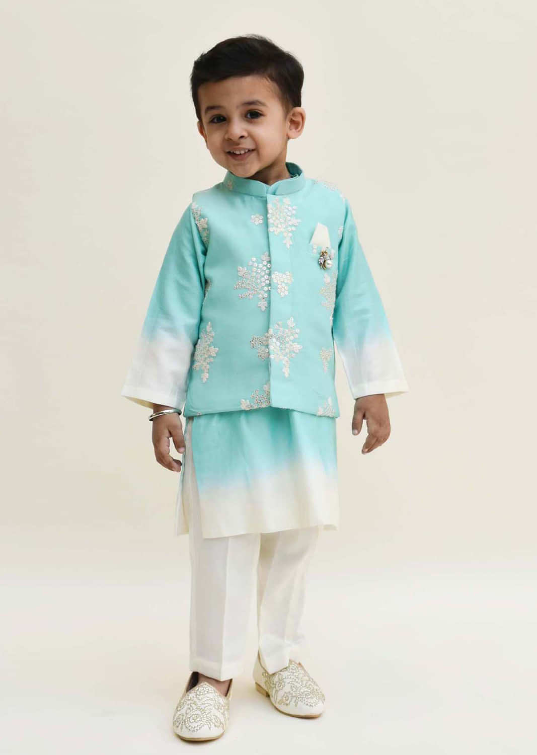 Kalki Boys Aqua Nehru Jacket And Shaded Kurta Set With Embroidery Detailing By Fayon Kids