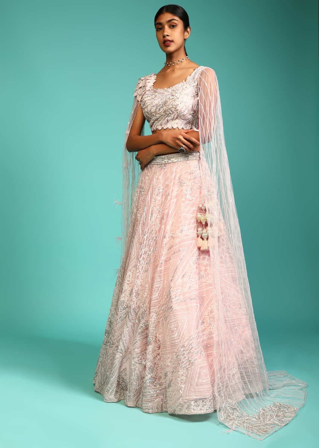 Baby Pink Lehenga Choli With Sequins Embroidered 3D Patch On The Shoulder And Long Floor Length Sleeves 