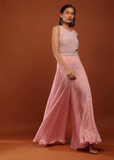 Baby Pink Jumpsuit In Satin With Lehariya Print And Moti Embroidery