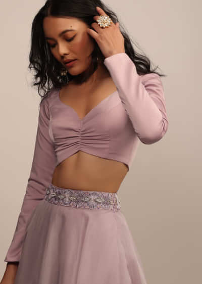 Baby Pink Satin Blouse With Sweetheart Neckline And Full Sleeves
