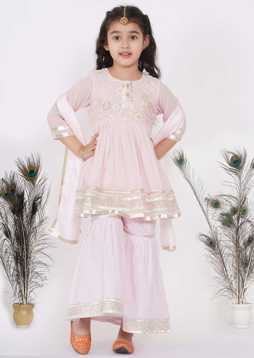 Kalki Candy Pink Sharara Suit For Girls In Cotton With Embroidery In Gotta Patti And Jaipuri Lacework
