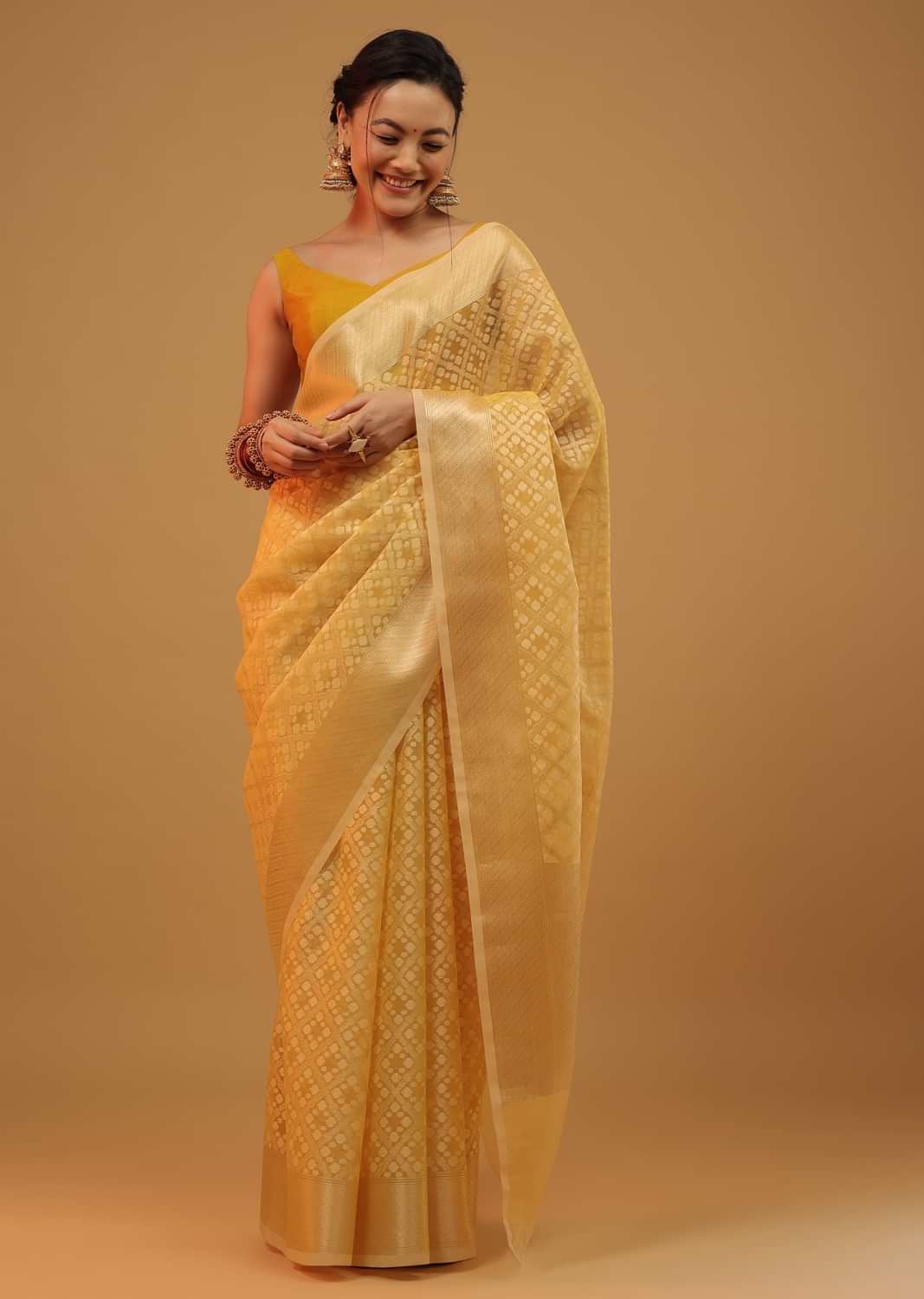 Banana Yellow Saree In Cotton Woven In Banarasi Chanderi Geometric Pattern