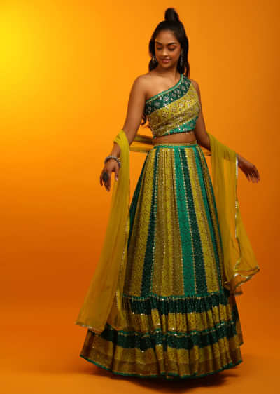 Bandhani Lehenga In Shades Of Green Georgette With Mirror Embroidered One Shoulder Choli