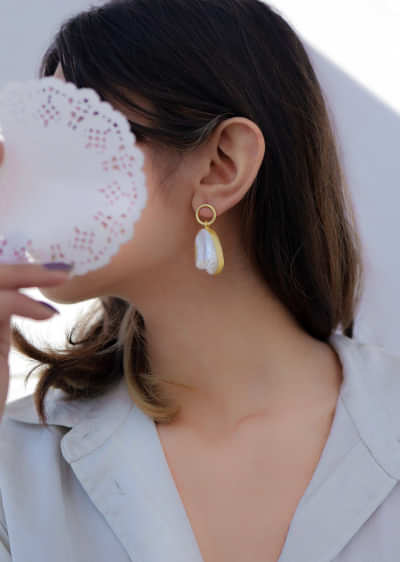 Baroque White Moti With Gold Dangled Earrings