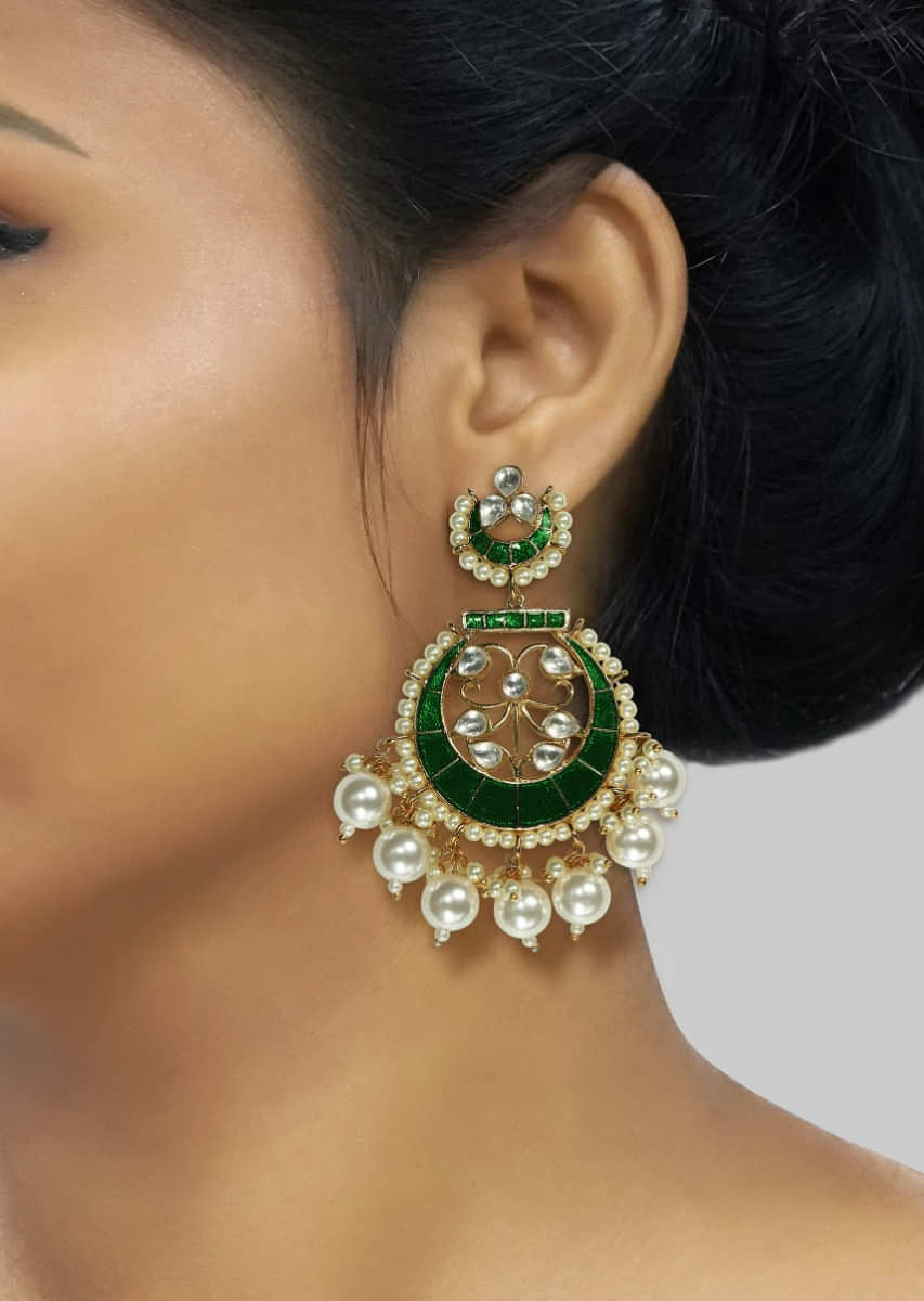 Beautiful Green Glass Meena And Kundan Studded Lightweight Chandbalis With Pearls By Tizora