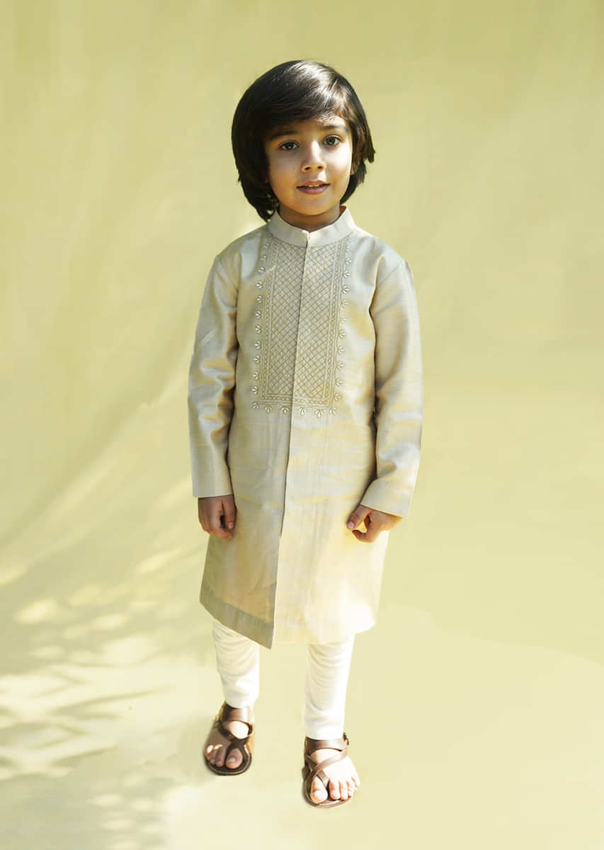 Kalki Boys Beige Kurta Set In Hand-woven Cotton Silk With Delicate Embroidery On The Yoke By Tiber Taber