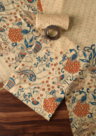 Beige And Blue Madhubani Block Print Unstitched Salwar Suit