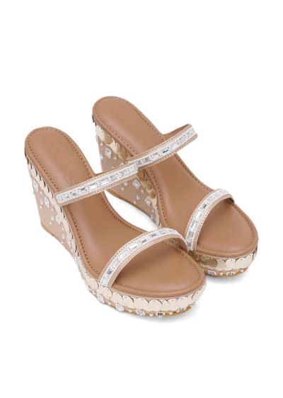Beige Double Strap Rhinestone Wedges With Pearl Bead Embroidery