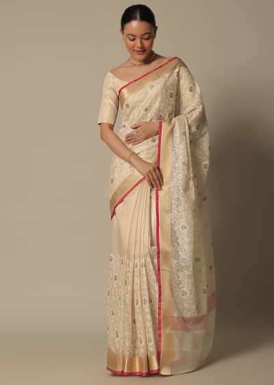 Beige Saree With Multi-Color Thread Work In Kora Silk 