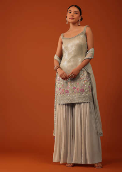 Beige Kurti And Sharara Set In Georgette With Sequins Work