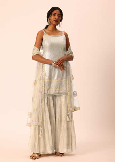 Beige Sequin Embellished Kurta Sharara Set
