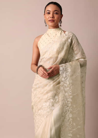 Beige Soft Organza Saree With Floral Work And Unstitched Blouse Piece