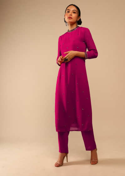 Berry Pink Straight Cut Suit In Georgette With Sequin Embellished Buttis  
