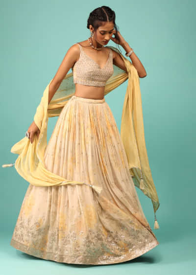 Biscotti Yellow Lehenga In Georgette With Floral Print And Embroidery