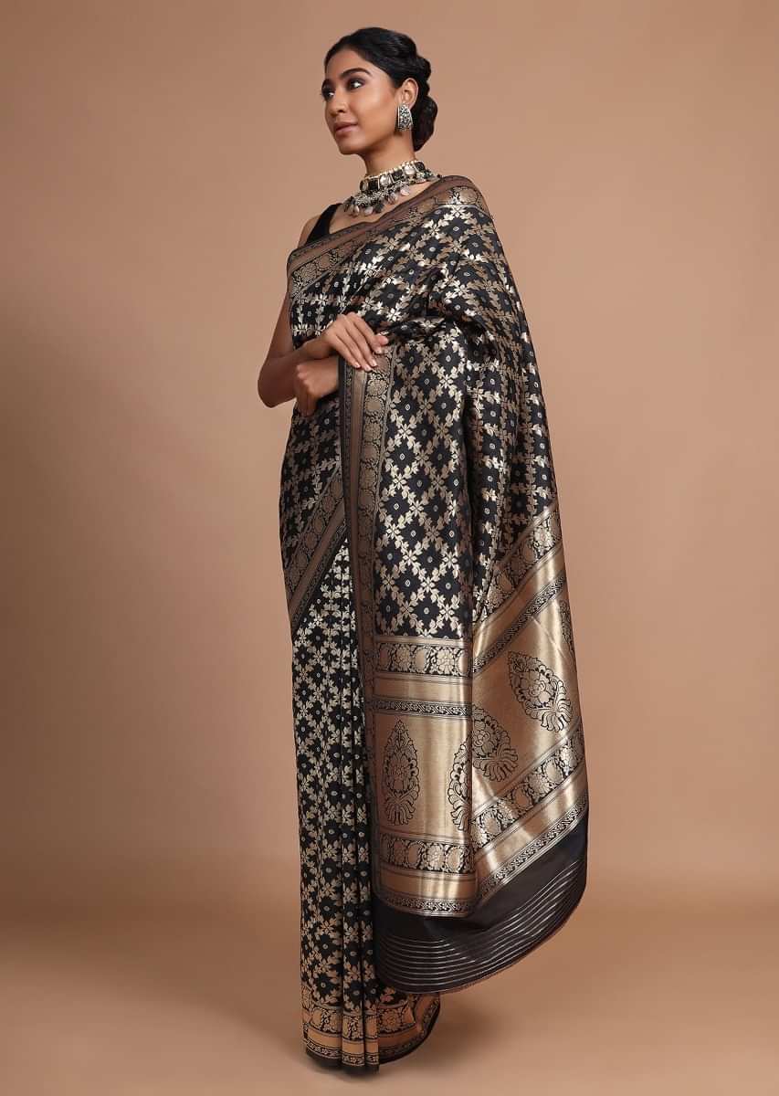Black art handloom Saree In Silk With Weaved Floral Mesh Jaal