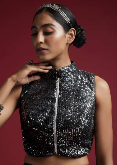 Black Blouse With Silver Sequins, Mandarin Collar Neckline And Front Zip Closure Online - Kalki Fashion