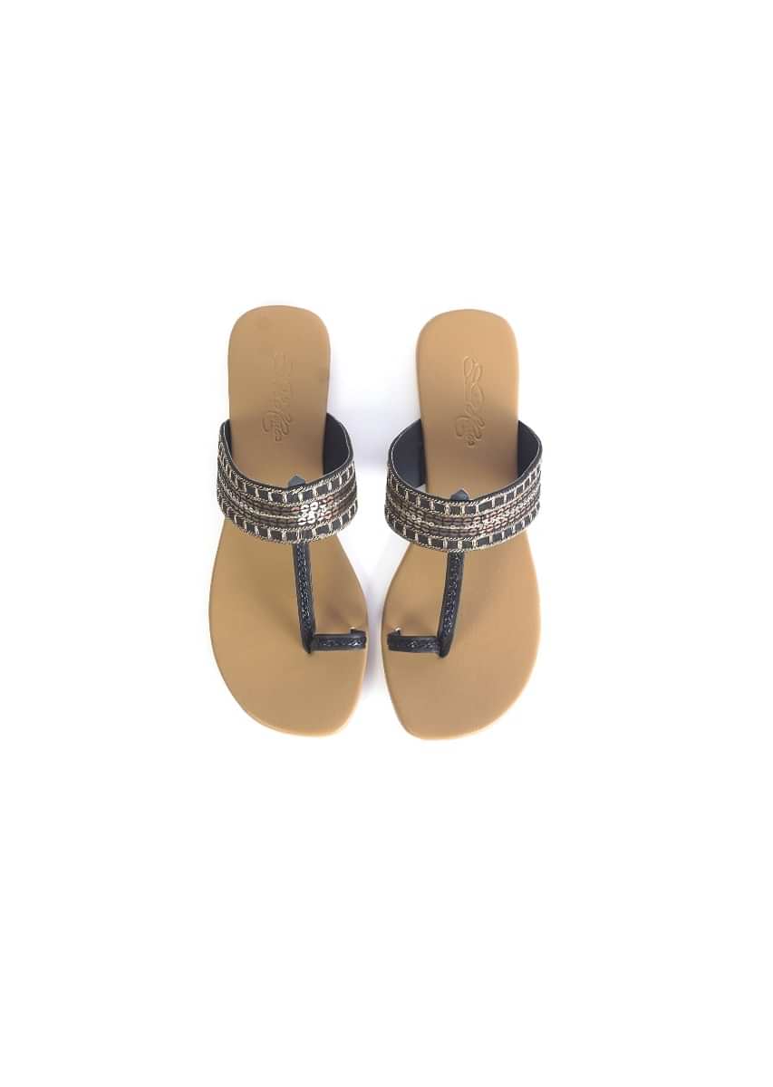 Black Kolhapuri Flats With Gold Sequins And Zari Work By Sole House