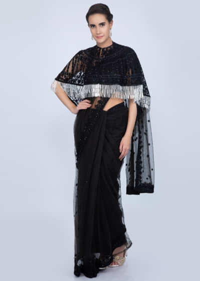 Black Saree In Self Embroidered Net With Tasseled Cape Online - Kalki Fashion