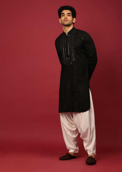 Buy Midnight Blue Pathani Suit In Cotton With Mirror And Thread ...