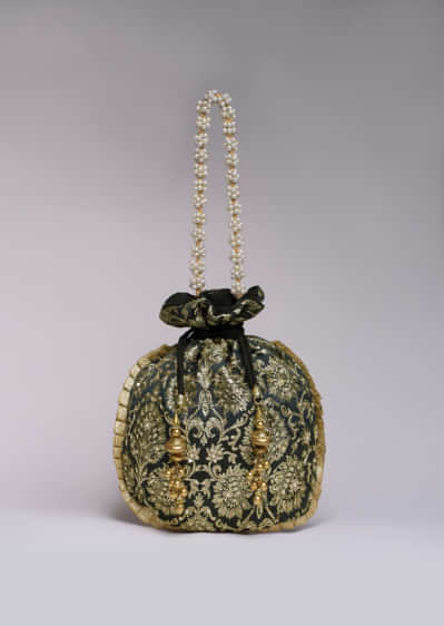 Black Potli Bag In Brocade Silk With Zardosi Embroidery In Floral Design