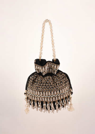 Black Potli In Velvet Heavily Embroidered With Beads And Moti Work In Scalloped And Tassel