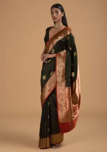 Black Pure Handloom Saree In Silk With Woven Buttis And Red Border