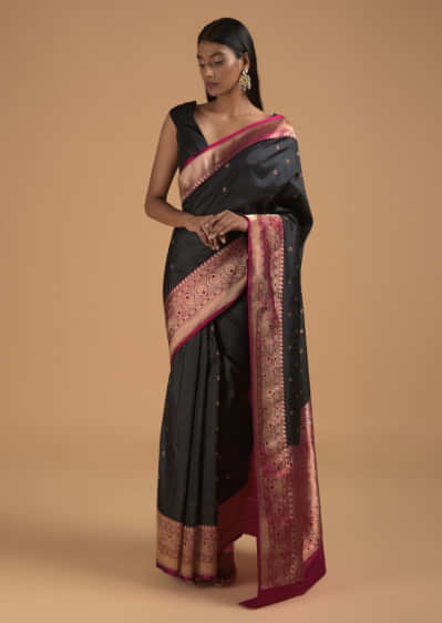 Black Pure Handloom Saree In Silk With Woven Flower Buttis And Magenta Border