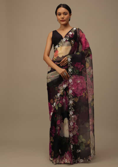 Black Organza Saree With Floral Print And Scallop Borders