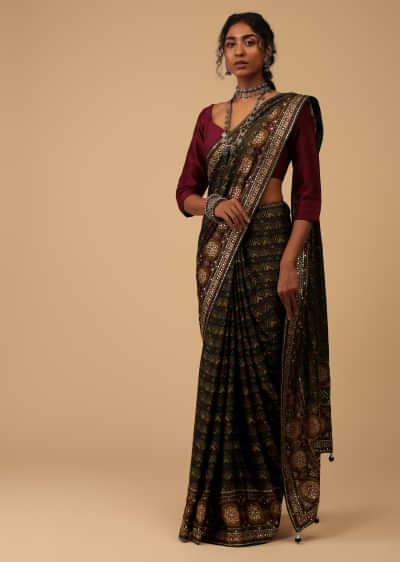 Black Ajrakh Printed Saree In Muslin With Sequins And Mirrors On The Borders