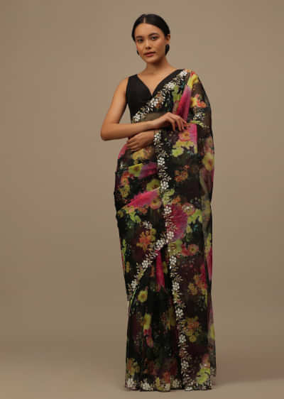 Black Cutdana Embroidered Saree In Organza With Floral Print